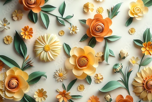 3d floral craft wallpaper. orange, rose, green, and yellow flowers on a light background. for kids' room wall decor, Generative AI