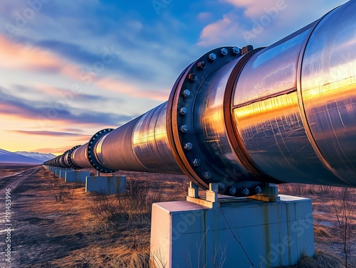 Golden hour light reflects on a large metal pipeline extending into the distance under a vibrant sky.