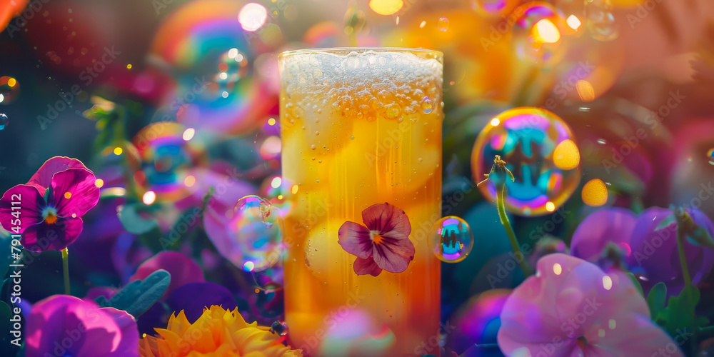 Sunlit Beer Glass Amidst Vibrant Flowers and Bubbles