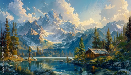 A beautiful painting of a mountain landscape with a lake in the foreground and a cabin on the shore. The mountains are covered in snow and the trees are green. The water is calm and clear. The sky is © Nattanon