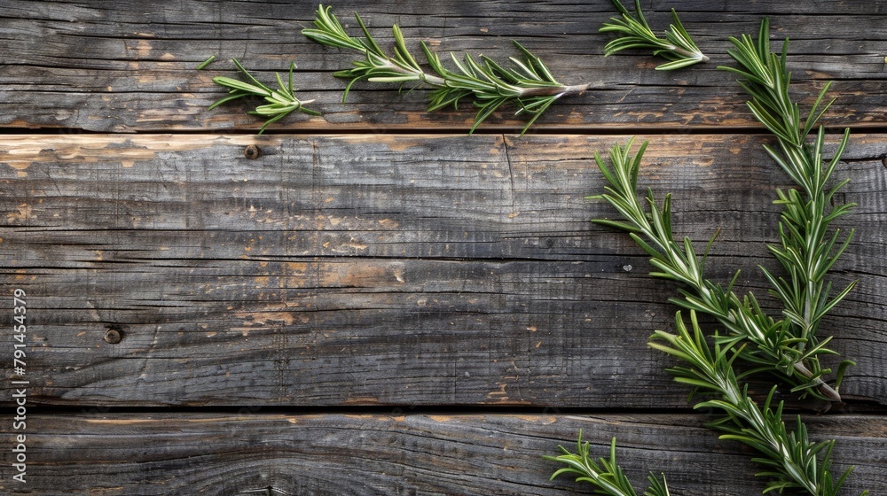 Top view of fresh rosemary herb on a wooden background with space for text