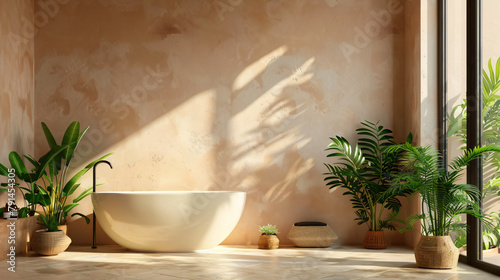 Empty bathroom without furniture include plants beige