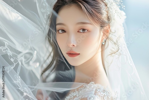 portrait of an Asian female model in a wedding dress, fashion model , feminine	