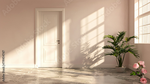 Empty room interior with white door concrete floor