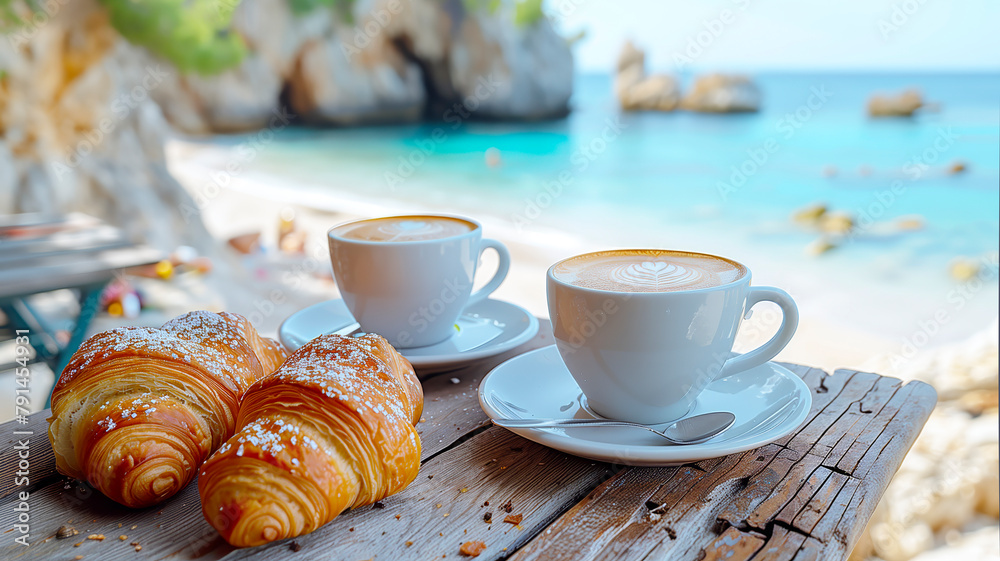 A plate of croissants and two cups of coffee are on a table overlooking the ocean. Concept of relaxation and leisure, as people can enjoy their breakfast A plate of croissants and two cups of coffee are on a table overlooking the ocean. Concept of relaxation and leisure, as people can enjoy their breakfast