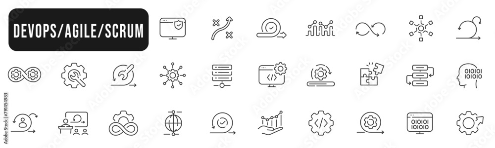 Set of devops, agile, scrum line icons. Plan, process, monitor, coding, programming etc. Editable stroke