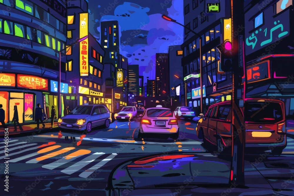 Cartoon cute doodles of a lively street corner at night, with pedestrians crossing the road, cars passing by, and neon signs glowing in the darkness, Generative AI