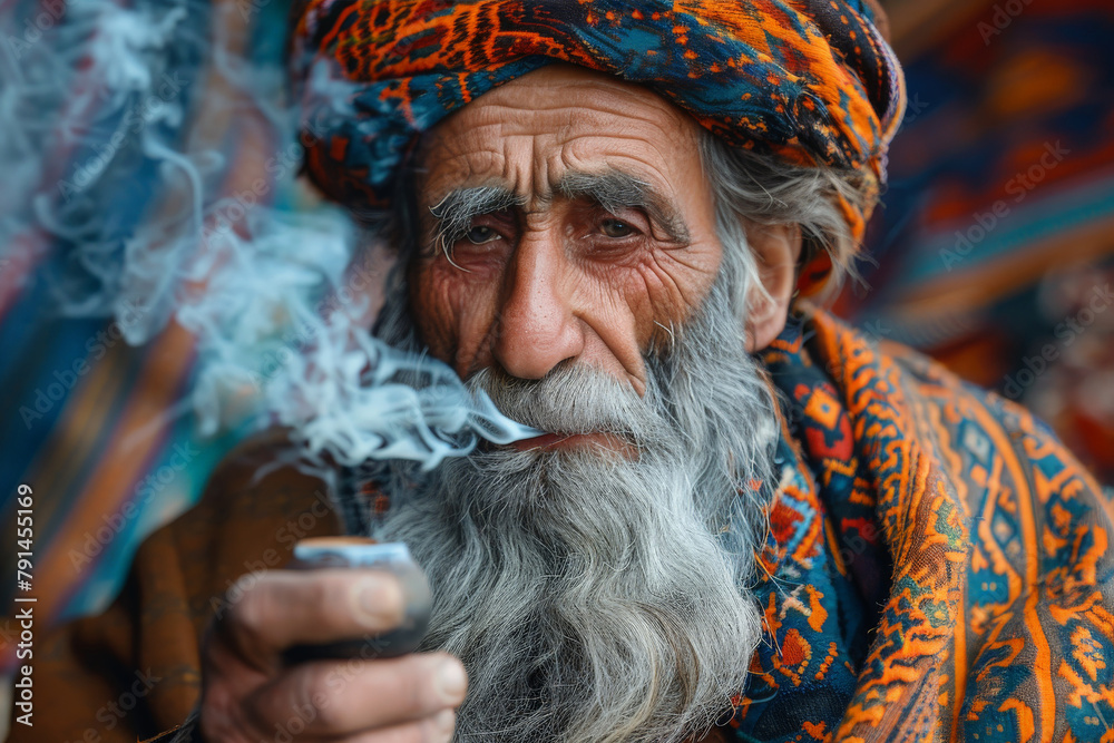 A close-up photo of an elderly man with a weathered face smoking a pipe in ethnic attire A close-up photo of an elderly man with a weathered face smoking a pipe in ethnic attire