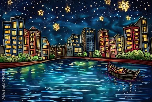 Cartoon cute doodles of a nighttime boat ride along a city river, with the lights of buildings reflecting on the water and stars twinkling overhead, Generative AI photo