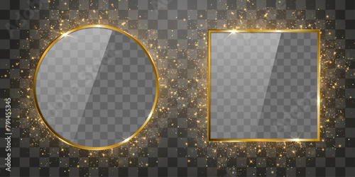 Vector golden frame around glitter particles. Golden frame with explosion of confetti. Glitter gold particles effect isolated on png background. Stardust particles on transparent background