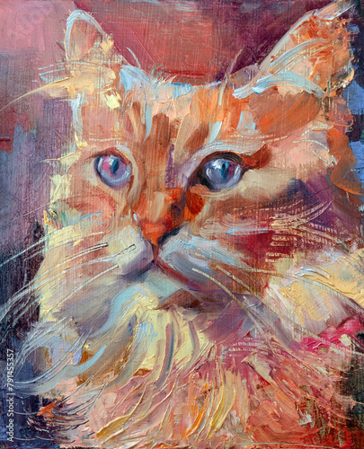 Realismo su astratto. Dipinto originale ad olio su tela di una gatto colorato con colori fluo e vibranti con colature di colore acrilico e texture di pennellate corpose. photo