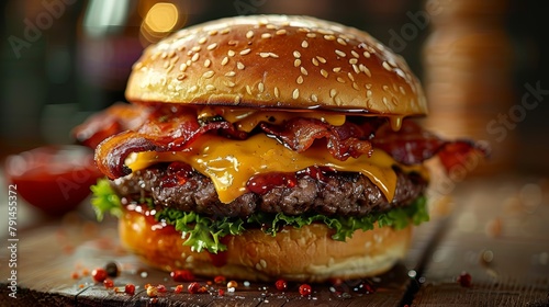 A cheeseburger with bacon on a sesame seed bun with lettuce, tomato, and onion. photo