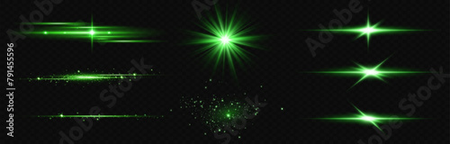 Vector illustration in green color. Set of lighting effects. Glare and flashes. Bright rays of light. Glowing lines. Vector illustration. Dust.Neon