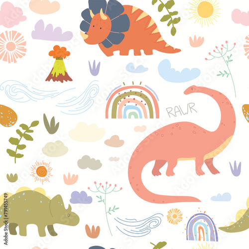 Dino friends. Funny cartoon dinosaurs  rainbows  and eggs. Cute t rex  characters. Hand drawn vector doodle set for kids. Good for textiles  nursery  wallpapers  wrapping paper  clothes. Roar words