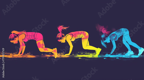 Push-Ups Exercise. Sporty Girl Silhouettes Colorful Concept.