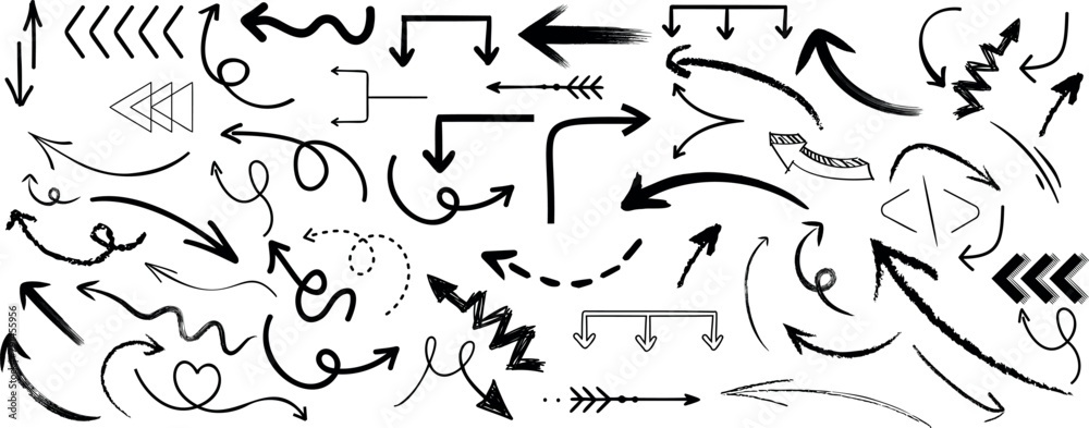  hand drawn Grunge arrow vector set. Black, sketchy, diverse shapes, directions for design, illustration. Straight, curly, circular arrows on white background