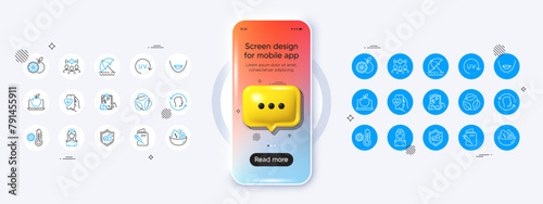 Phone mockup with 3d chat icon. Beach umbrella, Uv protection and Prescription drugs line icons. Pack of Vaccination passport, Thermometer, Cardio training icon. Vector