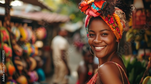 A woman wearing a colorful head scarf is smiling at the camera