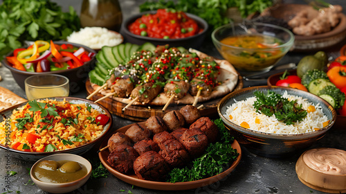 Middle eastern or arabic dishes and assorted meze, concrete rustic background, Meat kebab, falafel, baba ghanoush, muhammara, hummus, sambusak, rice, tahini, kibbeh, pita, Halal food, Lebanese cuisine