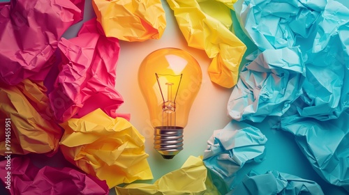 A light bulb is surrounded by colorful paper photo