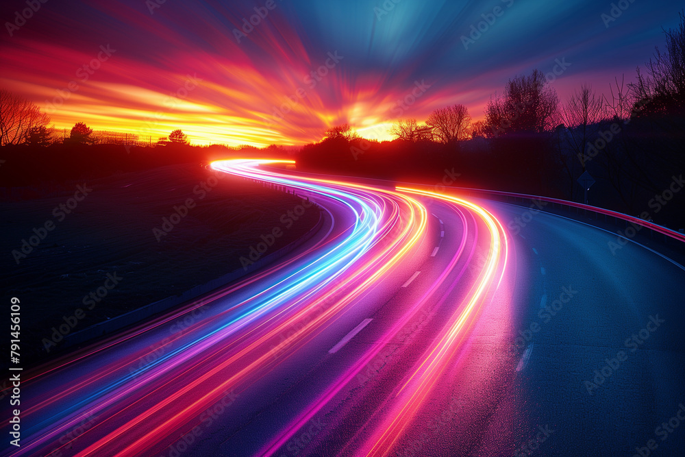 An abstract representation of light trails captured during nighttime photography, with streams of light creating a dynamic and colorful background