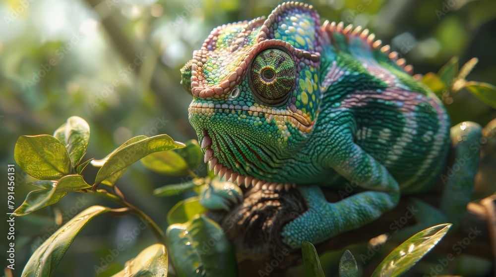 A closeup of a bright green chameleon on a branch with green leaves in the background. A closeup of a bright green chameleon on a branch with green leaves in the background.