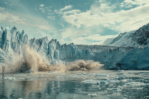 A glacier's serene facade marred by streaks of dirt and debris, signaling the accelerating pace of glacial retreat. photo