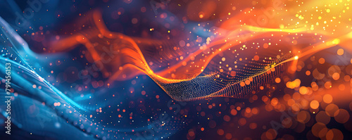Abstract dark background with orange and blue waves of digital data flowing in the style of light black and navy blue  futuristic network technology concept