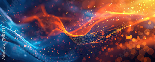 Abstract dark background with orange and blue waves of digital data flowing in the style of light black and navy blue, futuristic network technology concept