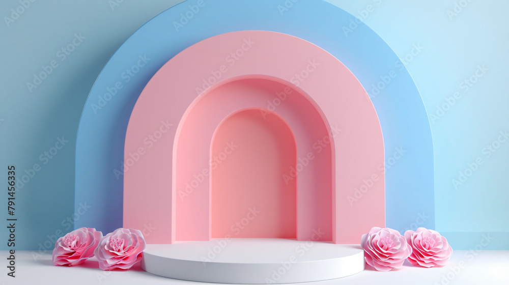 Luxurious 3D render of a charming podium for displaying products, centered with an inviting atmosphere. Luxurious 3D render of a charming podium for displaying products, centered with an inviting atmosphere.