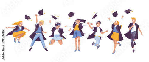 A group of graduates jump together. Children. Happiness. Diploma. Vector flat illustration
