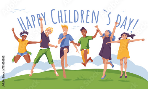 Postcard with Children's Day. A group of happy children are jumping together on a green lawn. Vector flat illustration