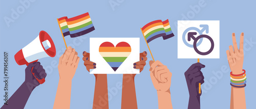 LGBT Pride Day. Diversity multiracial people hands in demonstrations with rainbow flags. Activists together. Vector flat illustration