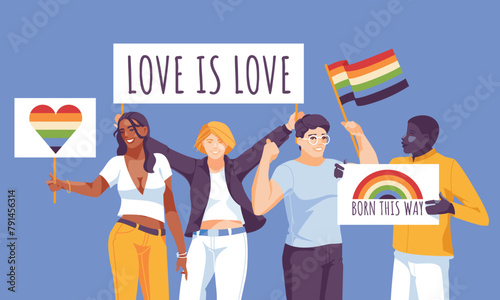 LGBT Pride Day. Diversity of people at demonstrations with rainbow flags. Activists together. Vector flat illustration