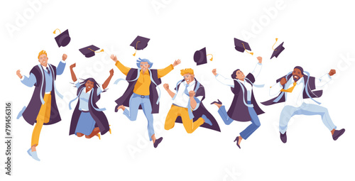 A group of graduate students jump together. Happiness. Diploma. Vector flat illustration