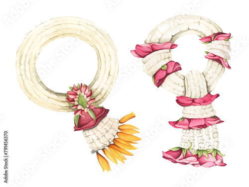 Set of Thai garland colorful flower for Mother's day, Songkran festival or religion buddhism observation day. Phuang malai thai floral garland flowers. Watercolor illustration.