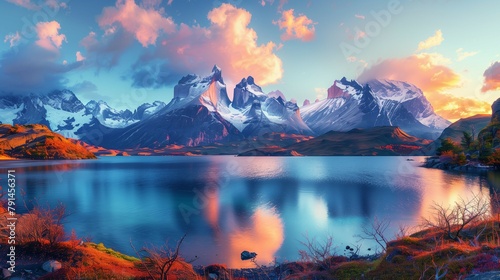 Beautiful sunset over lake,mountains and sky, warm vibrant colors,landscape wallpaper,background.
