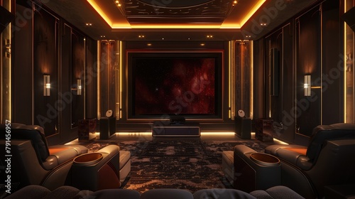 A chic and stylish home theater with plush seating and a large screen projector, featuring surround sound and dimmable lighting for an immersive  photo