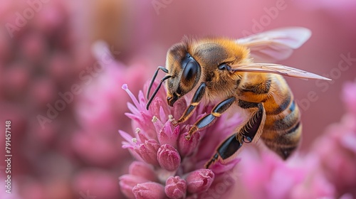Honey bee on flower. Generative AI. B001