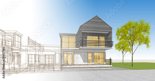 modern house sketch 3d illustration 
