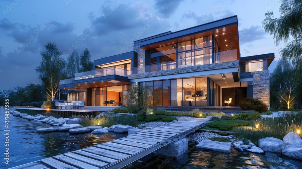 Modern Home Design. Architectural Concept of Beautiful Contemporary Chalet by the River at Evening