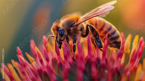 Honey bee on flower. Generative AI. B005