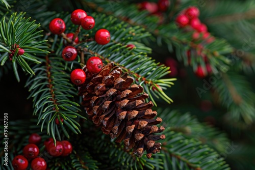 Happy Holidays Red. Christmas Concept with Evergreen Tree Branch and Pine Cone