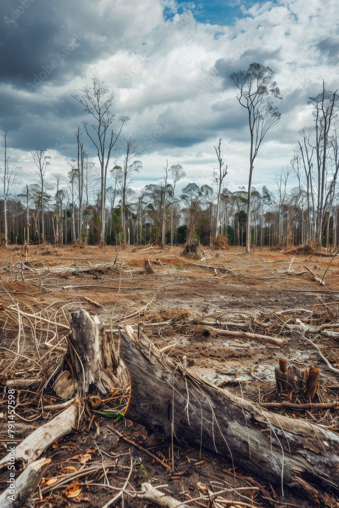 Dramatic Deforestation Scene with Stark Tree Remains and Stormy Skies