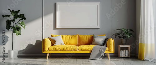 A burst of energy enlivens the space with a sunny yellow sofa against neutral gray walls, while a blank white frame on the wall awaits artistic expression.