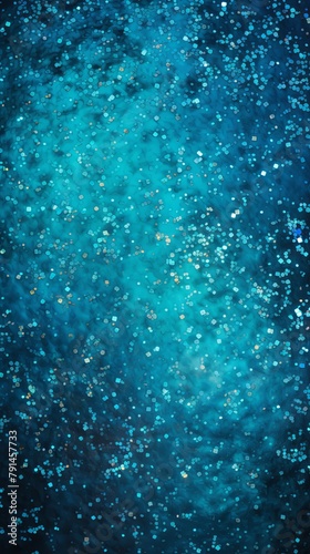 Cyan glitter texture background with dark shadows, glowing stars, and subtle sparkles with copy space for photo text or product, blank empty copyspace © Lenhard