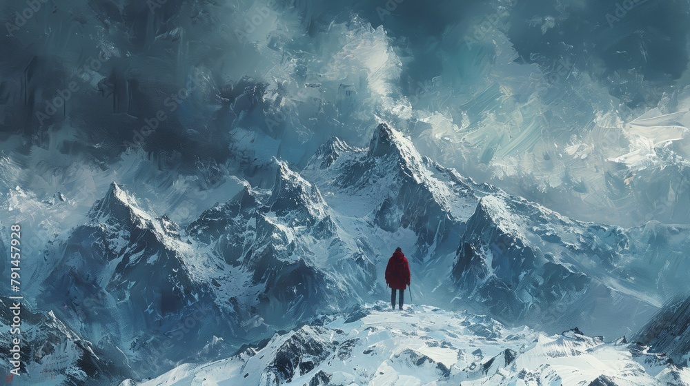 A lone adventurer stands atop a snow-capped mountain, gazing out at a vast and beautiful landscape. - obrazy, fototapety, plakaty 