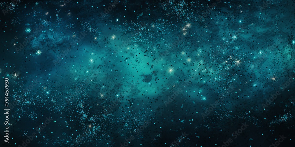 Cyan glitter texture background with dark shadows, glowing stars, and subtle sparkles with copy space for photo text or product, blank empty copyspace