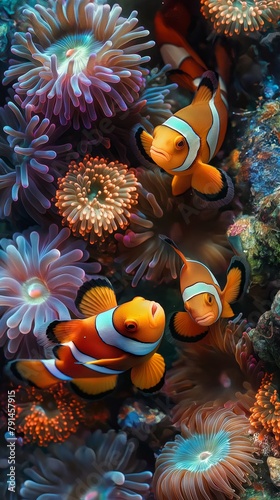 Bright orange clownfish swimming amongst colorful sea anemones in a lively underwater marine scene