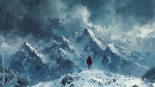 A lone adventurer stands atop a snow-capped mountain, gazing out at a vast and beautiful landscape. photo